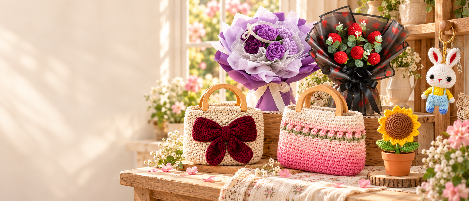 Handmade crochet bouquets, bags, pots and keyrings